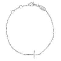 This diamond bracelet, shown here in white gold, is an elegant and simple yet unique and creative way to show your faith. The glittery diamond cross is on its side in an original design that is modern and refreshing and it shimmers with 22 sparkling .19 ct tw diamonds. Let your faith shine!