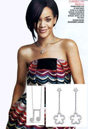 Rihanna in KC Designs Diamond Music Note Necklace & Flower Earrings