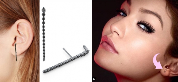 Black Diamond cliffhanger earrings & Bella Hadid wearing suspender earrings