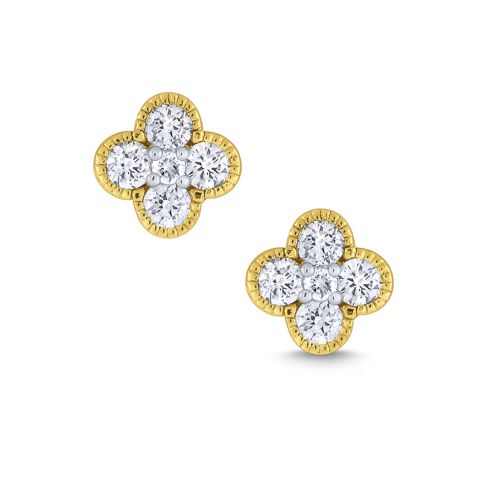 Gold and Diamond Clover Stud Earrings.