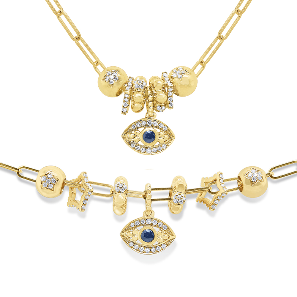 14k Gold and Diamond Evil Eye Charms Necklace