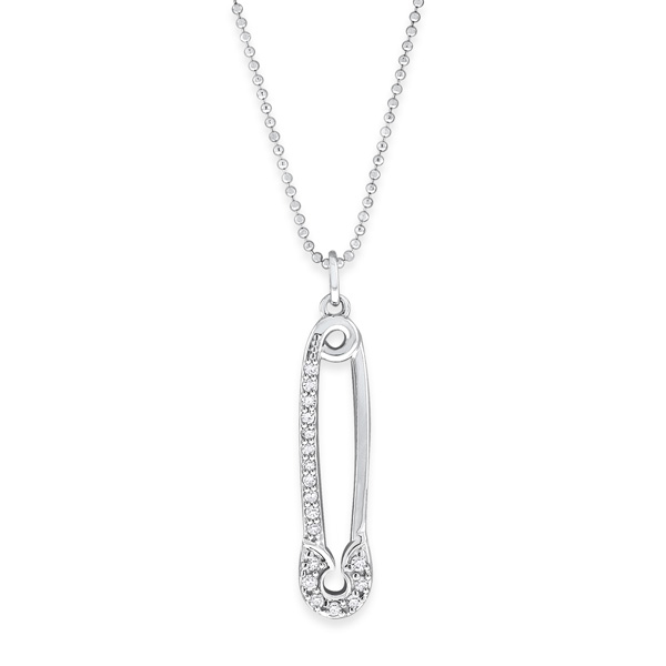 Diamond Safety Pin Necklace in 14K White Gold with 18 Diamonds Weighing ...