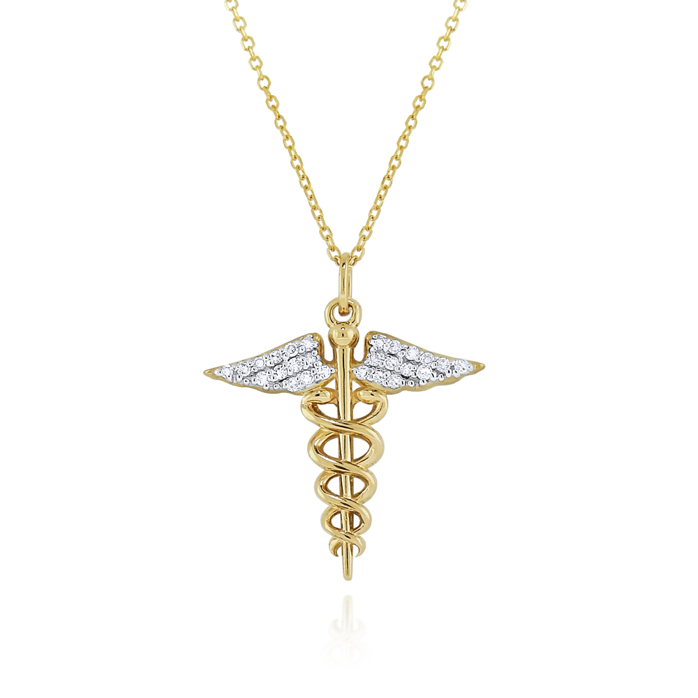 14K Gold and Diamond Caduceus Necklace
