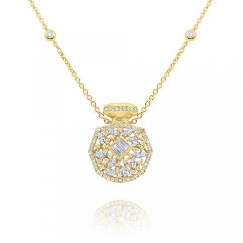 14k Gold and Diamond Round Perfume Bottle Necklace on Adjustable Chain.
