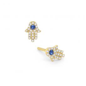 14k Diamond and Blue Sapphire Mini Hamsa Earrings