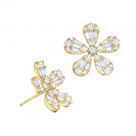14k Gold and Diamond Baguette Flower Earrings