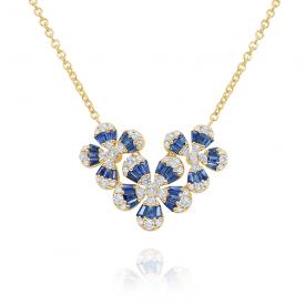 14k Diamond and Blue Sapphire Triple Flower Necklace