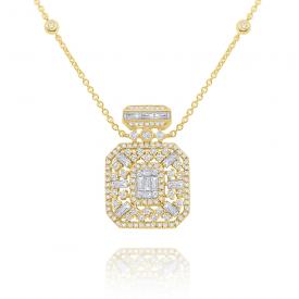 14k Round and Baguette Diamond Perfume Bottle Necklace.