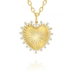 14k Gold and Diamond Ray of Light Heart Necklace, Large