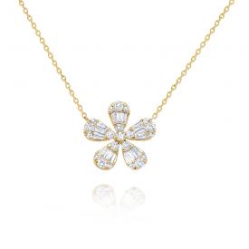 14k Gold and Diamond Baguette Flower Necklace